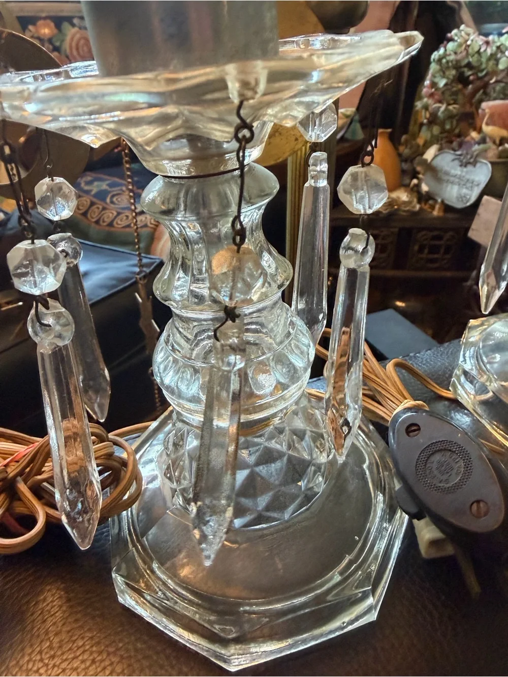 Antique Crystal Hurricane Table Lamps with Etched Shades & Crystal Prisms